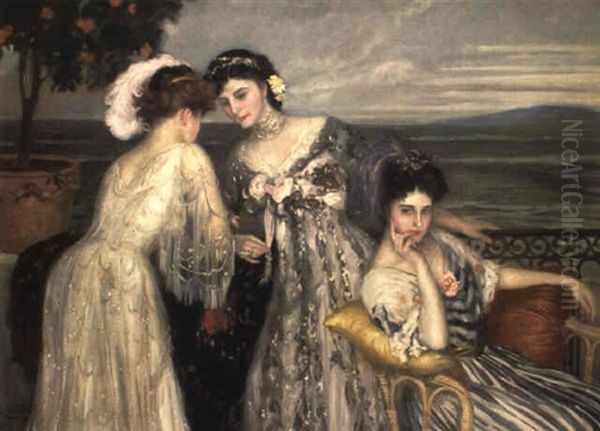 Les Trois Elegantes En Robe Du Soir Sur Une Terrasse - view 1