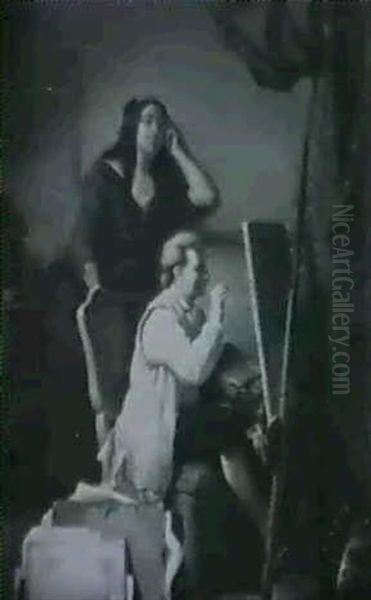 Im Atelier. Der Kunstler Sitzt An Der Staffelei, Hinter Ihm Steht Seine Muse - view 1