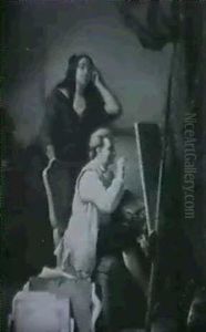 Im Atelier. Der Kunstler Sitzt An Der Staffelei, Hinter     Ihm Steht Seine Muse by Jean Carolus
