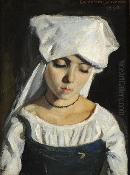 Head And Shoulders Portrait Of A Young Girl Wearing A White Cap And Blue Dress - view 1