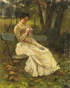 Die Musestunde. Junge Dame Bei Der Handarbeit Im Garten by Charles Emile Auguste Carolus-Duran