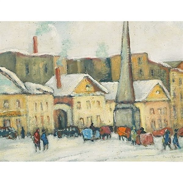 Horses And Sleighs At Rest In A City Square, Winter - view 1