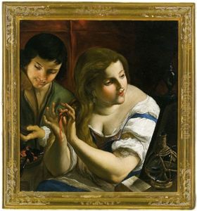 Una Giovane Donna Che Si Guarda Allo Specchio E Un Giovanotto Con Carboni Ardenti, Vanitas by Angelo Caroselli