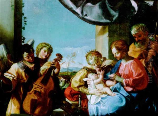 The Holy Family With St. Catherine And Angel Musicians by Angelo Caroselli
