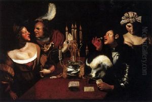 Four Gamblers Playing Cards By Candlelight Around A Table