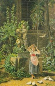 Madchen Mit Tauben Vor Statue In Verwildertem Garten by Cesare Caroselli