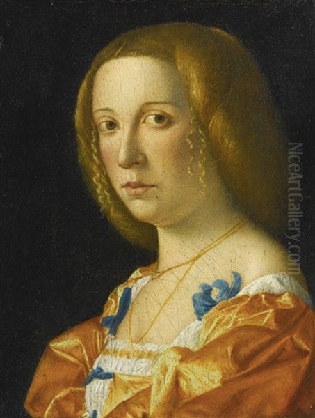 Portrait Of A Lady, Bust Length, Facing Left, Dressed In An Orange Gown With Blue Ribbons - view 1