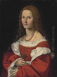 Portrait Of A Lady As Mary Magdalene, Half-length, In A Red Dress And Pearl Necklace