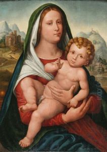 Madonna Mit Kind Halbfigur Der Maria, In Ihren Armen Das Frontal Den Betrachter Anblickende Jesuskind, Vor Einem Landschaftshintergrund Mit Bergen Und Architektur by Giovanni Francesco Caroto