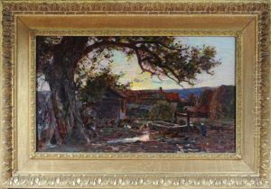 A Small Girl And Poultry Around A Village Well At Evening A Small Girl And Poultry Around A Village Well At Evening