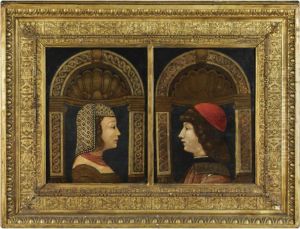 Double Portrait Of A Woman With A Decorative Headdress, And A Man With A Red Cap, Both En Profile, In A Stone Niche by Ambrogio de Predis