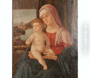 Madonna Mit Kind - Im Hintergrund Ein Fenster Mit Blick Auf Eine Burg Und Einen Ritter Zu Pferd by Vittore Carpaccio