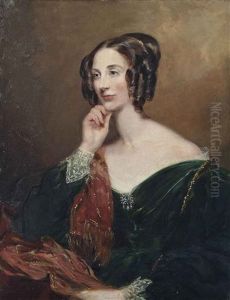 Portrait Of Lady Charlotte Penelope Sturt (1802-1879), Half-length, In A Green Dress With Lace Cuffs And A Red And Gold Wrap