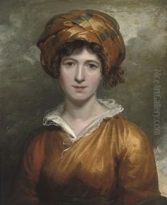 Portrait Of A Lady In A Yellow Dress And Blue And Yellow Turban
