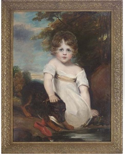 Portrait Of A Young Girl Seated With A Dog Beside A Pool - view 1