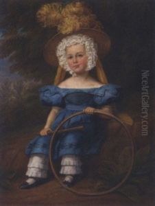 Portrait Of A Boy In A Blue Dress And Feathered Hat, Holding A Hoop, In A Landscape