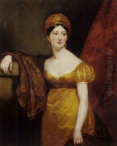 Portrait Of Henrietta Shuckburgh In Empire Style Dress And A Turban, With A Paisley Shawl Draped Over Her Right Shoulder, Standing By A Column