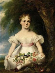 Portrait Of A Girl In A White Dress, Flowers In Her Lap, In A Landscape
