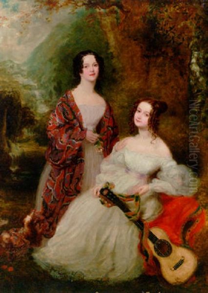 Portrait Of Two Sisters, One Seated In White Dress, And The Other In Pink Dress And Shawl - view 1