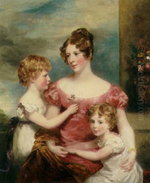 A Portrait Of A Lady In A Pink Satin Dress With Her Two Children - view 1