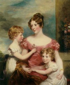 A Portrait Of A Lady In A Pink Satin Dress With Her Two Children by Margaret Sarah Carpenter