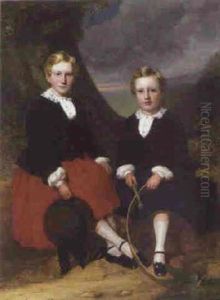 Portrait Of Two Girls, Full-length, Seated In A Landscape by Margaret Sarah Carpenter