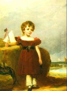 Portrait Of A Young Boy Standing By A Rock Holding A Toy Boat, A Seascape Beyond
