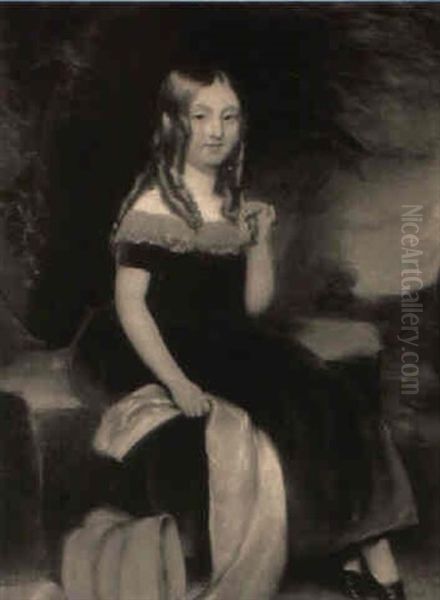 Portrait Of A Girl In Purple Dress Seated In A Landscape - view 1