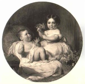 Portrait Of A Baby And Young Child Seated Beside A Basket Of Lilac Portrait Of A Baby And Young Child Seated Beside A Basket Of Lilac