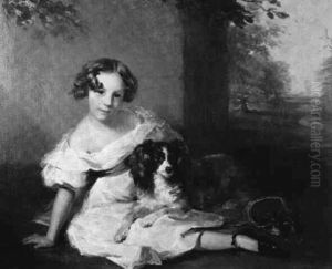 Young Girl In White Dress With Spaniel by Margaret Sarah Carpenter