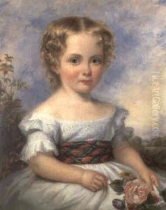 Portrait Of A Young Girl Half Length Wearing A White Dress, A Tartan Sash, Holding A Rose In A Landscape