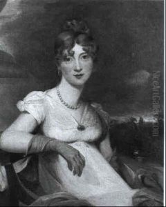 Portrait Of A Lady, Seated Half Length, Wearing A White     Dress And A String Of Pearls, A Landscape Beyond