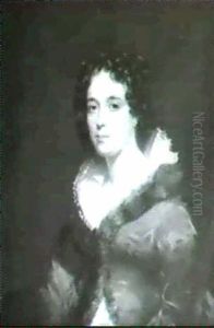 Portrait Of A Lady, Seated Half Length, Wearing A Blue      Silk And Fur-lined Dress, Anda Red Shawl
