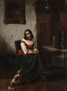 Interior With Young Girl At The Table With Dog