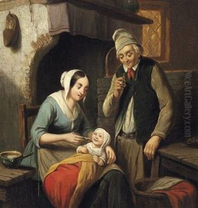 Der Erste Brei. Junge Familie In Der Stube by Henri Joseph Gommarus Carpentero