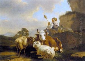 Bergere Et Troupeau Dans Un Paysage Accidente by Jean Charles Carpentero