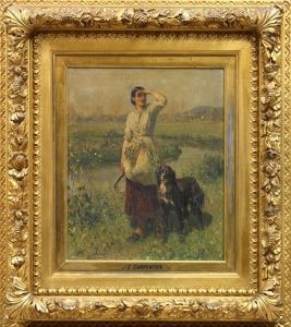 Portrait Of A Woman And Her Dog by Evariste Carpentier