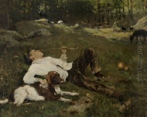 Jeune Berger Couche Dans L'herbe En Compagnie De Son Chien