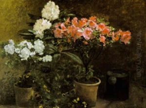 A Garden Perspective With Azaleas, Rhododendron And Pansies by Felix Carpentier
