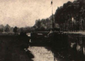 A River Landscape With Moored Boats by Felix Carpentier