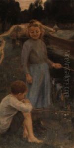 Les Jeunes Pecheurs Au Bord D'un Canal by Madeleine Carpentier