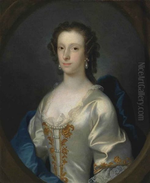 Portrait Of A Lady, Bust-length, In A Lace Trimmed And Gold Embroidered Oyster Satin Dress, With A Blue Wrap And Pearl Earrings - view 1