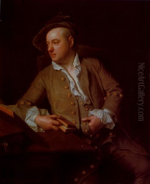 Portrait Of A Gentleman Seated At A Desk With Various Books, Wearing A Brown Coat And A White Shirt, Holding A Book In His Right Hand - view 1