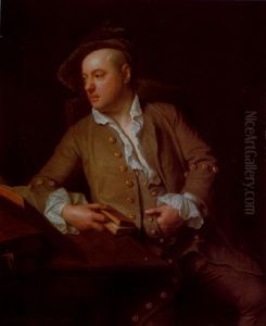Portrait Of A Gentleman Seated At A Desk With Various Books, Wearing A Brown Coat And A White Shirt, Holding A Book In His Right Hand