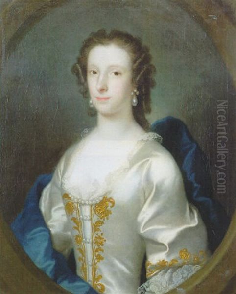 Portrait Of A Woman, Wearing A Gold Embroidered Withe Silk Dress, A Lace Chemise, In A Feigned Stone Oval Window - view 1