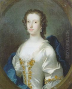 Portrait Of A Woman, Wearing A Gold Embroidered Withe Silk Dress, A Lace Chemise, In A Feigned Stone Oval Window