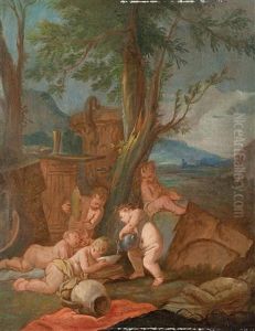 Putti Playing In A Landscape by Giulio Carpioni