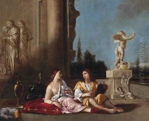 The Poet And His Muse At Rest In A Courtyard by Giulio Carpioni