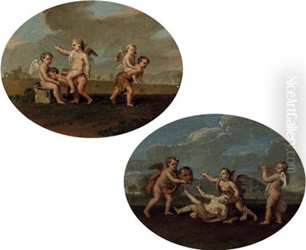 Putti Playing Piggy-back-ride In A Landscape (+ Putti Playing With A Mask And Playing The Trumpet; 2 Works) - view 1