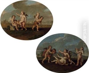 Putti Playing Piggy-back-ride In A Landscape (+ Putti Playing With A Mask And Playing The Trumpet; 2 Works) by Giulio Carpioni